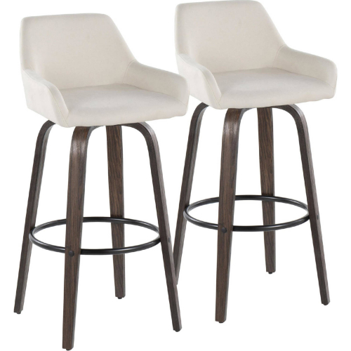 Daniella 30" Swivel Bar Stool in Walnut Glazed Wood & Cream Fabric with Black Footrest (Set of 2)